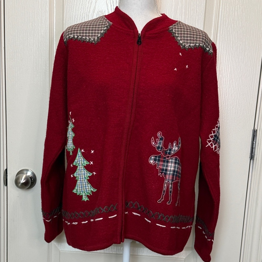 Coldwater Creek Red Holiday Sweater with Moose and Tree Design Sz Large